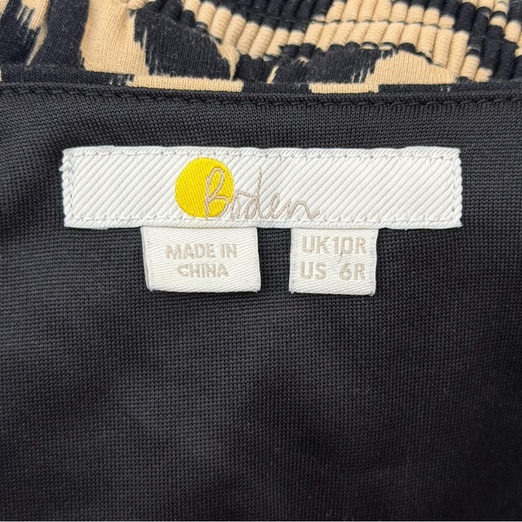 Boden Jersey Midi Dress Women 6 Black Ikat V‑Neck Long Sleeve Smocked Waist Cuff - Picture 9 of 12